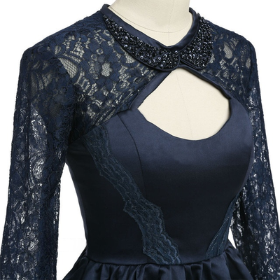 Navy Blue Long Sleeve Beading Homecoming Dress