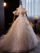 White Tulle Spaghetti Straps Appliques Wedding Dress