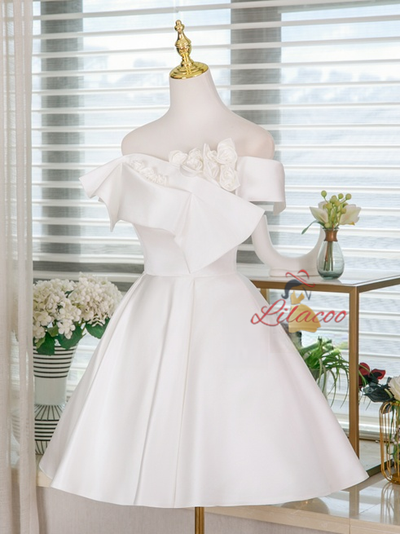 White Satin 3D Flower Wedding Dress