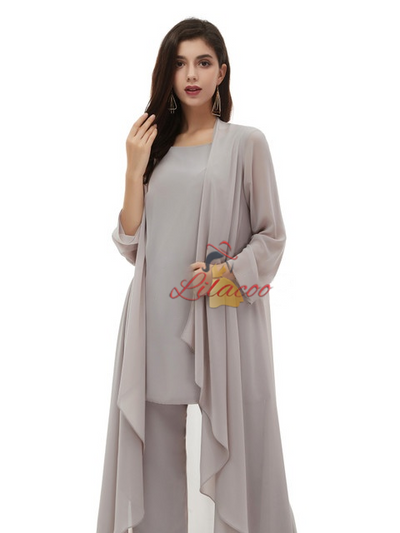 Gray Chiffon 3 Piece Mother Of The Bride Dress