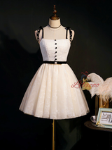 A-Line Ivory Tulle Lace Button Homecoming Dress