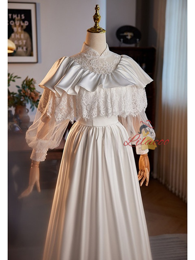 White Satin Lace Long Sleeve High Neck Wedding Dress