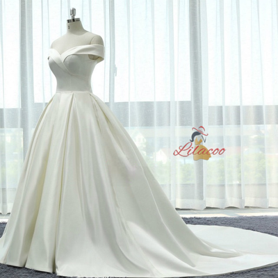 White Satin Off The Shoulder Wedding Dress