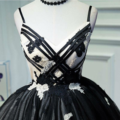Black Tulle Straps Appliques Homecoming Dress