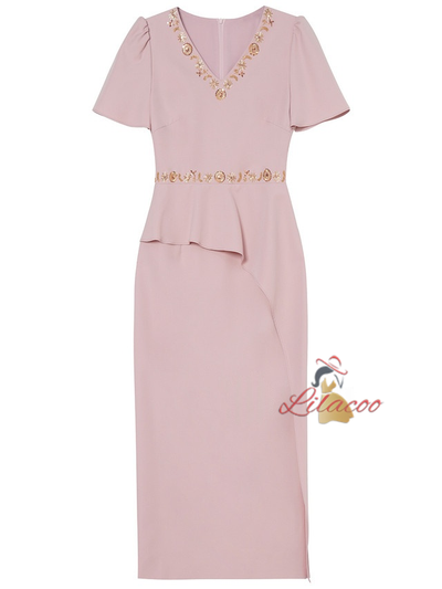 Pink V-neck Sequins Mother of the Bride Dress