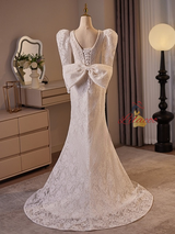 White Mermaid Lace V-neck Long Sleeve Wedding Dress
