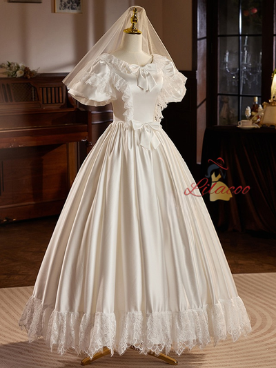 White Satin Lace Puff Sleeve Bow Wedding Dress
