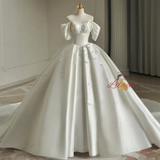 White Satin Off the Shoulder Pleats Crystal Wedding Dress