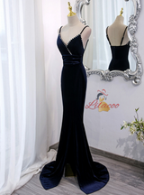 Navy Blue Mermaid Velvet Beading Prom Dress