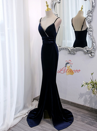 Navy Blue Mermaid Velvet Beading Prom Dress