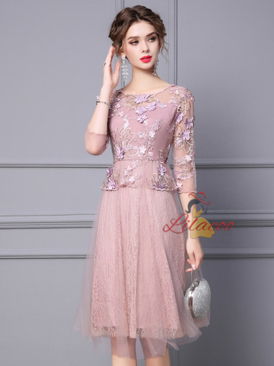 Pink Lace Short Sleeve Mother Of The Bride Dress