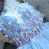 Blue Tulle Strapless Flower Homecoming Dress