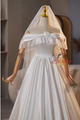 Simple White Lace Satin Off the Shoulder Wedding Dress