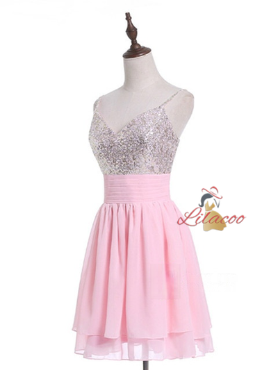 Pink Chiffon Sequins Homecoming Dress