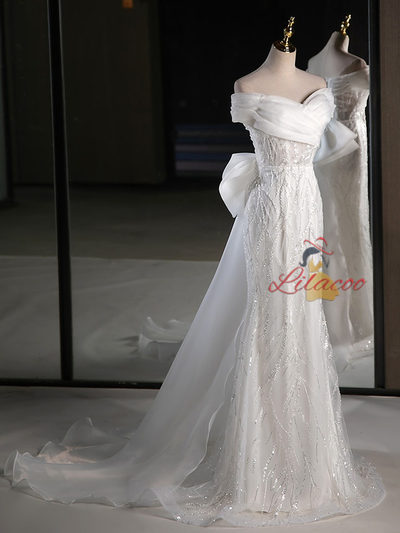 White Mermaid Sequins Appliques Bow Wedding Dress