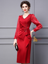 Red V-neck Long Sleeve Mother Of The Bride Dress