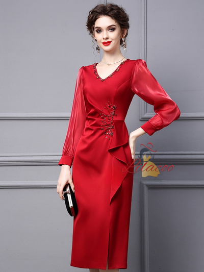 Red V-neck Long Sleeve Mother Of The Bride Dress