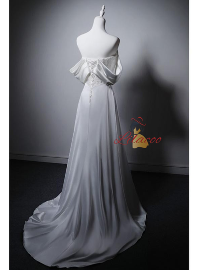 Simple White Satin Lace Strapless Wedding Dress