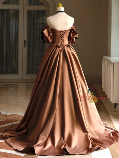 Coffee Satin Off the Shoulder Pleats Prom Dress