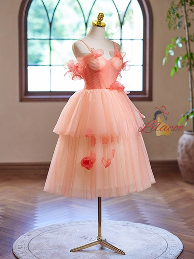 Orange Tulle Spaghetti Straps Flower Homecoming Dress
