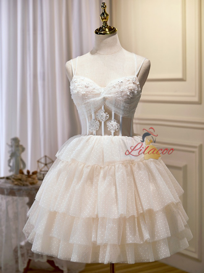Ivory Tulle Beading Lace Homecoming Dress