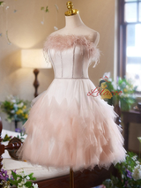 Pink Tulle Strapless Feather Homecoming Dress