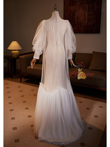 White Mermaid Lace Tulle Long Sleeve Wedding Dress