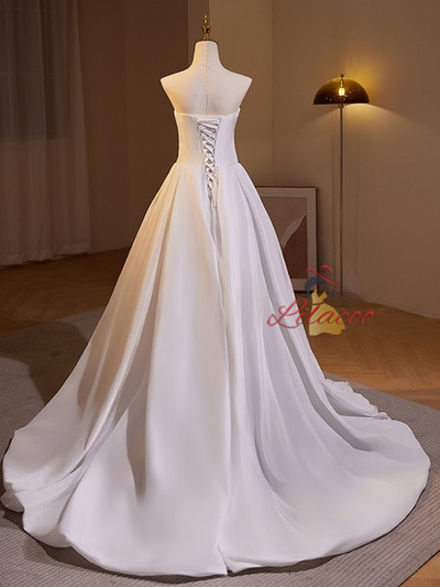 White Satin Pleats Split Wedding Dress