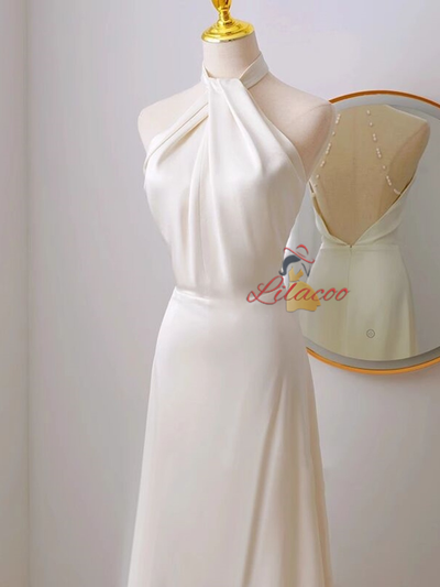 White Satin Halter Backless Pleats Wedding Dress