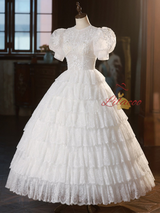 White Ball Gown Lace Short Sleeve Tiers Wedding Dress