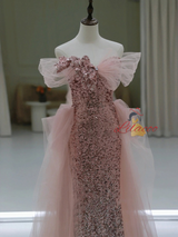 Pink Sequins Tulle Off the Shoulder Prom Dress
