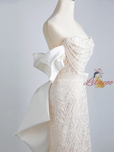 Ivory White Mermaid Sequins Pearls Wedding Dress
