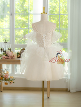 White Tulle Straps Pearls Homecoming Dress