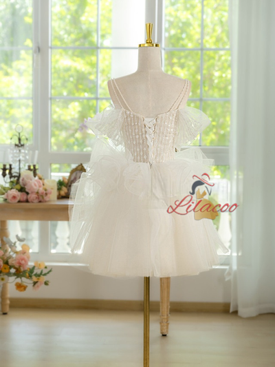 White Tulle Straps Pearls Homecoming Dress