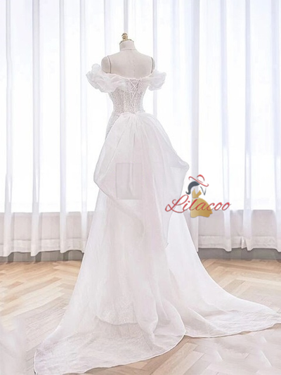 Simple White Sequins Off the Shoulder Wedding Dress