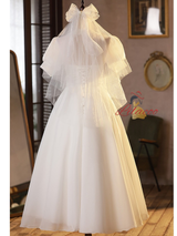 Simple White Tulle Short Sleeve Button Wedding Dress