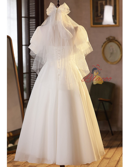 Simple White Tulle Short Sleeve Button Wedding Dress