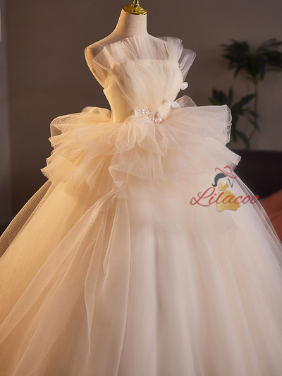 Champagne Tulle Appliques Wedding Dress
