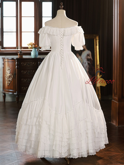 White Satin Lace Short Sleeve Wedding Dress