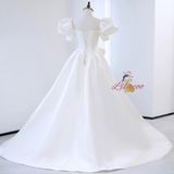 White Satin Puff Sleeve Beading Wedding Dress