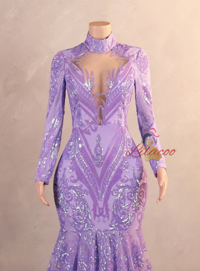 Purple Sequins Long Sleeve Prom Dress
