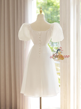 White Puff Sleeve Pleats Wedding Dress