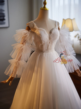 White Tulle Straps Lace Long Sleeve Wedding Dress