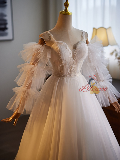 White Tulle Straps Lace Long Sleeve Wedding Dress