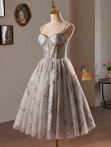 Gray Tulle Sequins Straps Beading Homecoming Dress