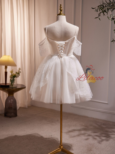 White Tulle Sequins Pearls Homecoming Dress