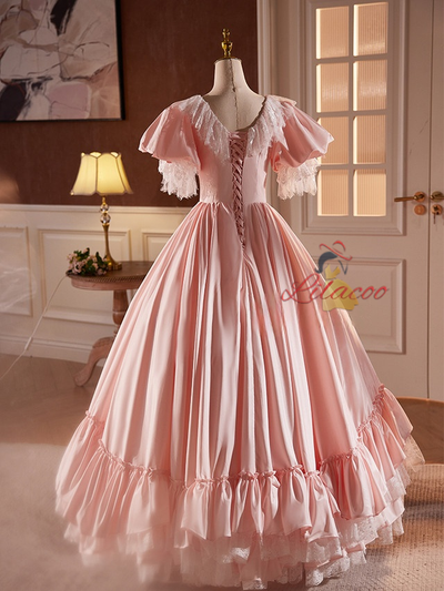 Pink Satin V-neck Puff Sleeve Lace Wedding Dress