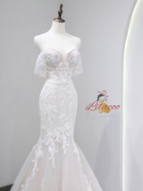 White Mermaid Tulle Appliques Wedding Dress