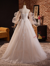 White Tulle Lace Long Sleeve Appliques Wedding Dress