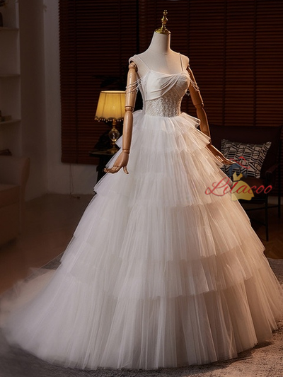White Tulle Spaghetti Straps Tiers Beading Wedding Dress